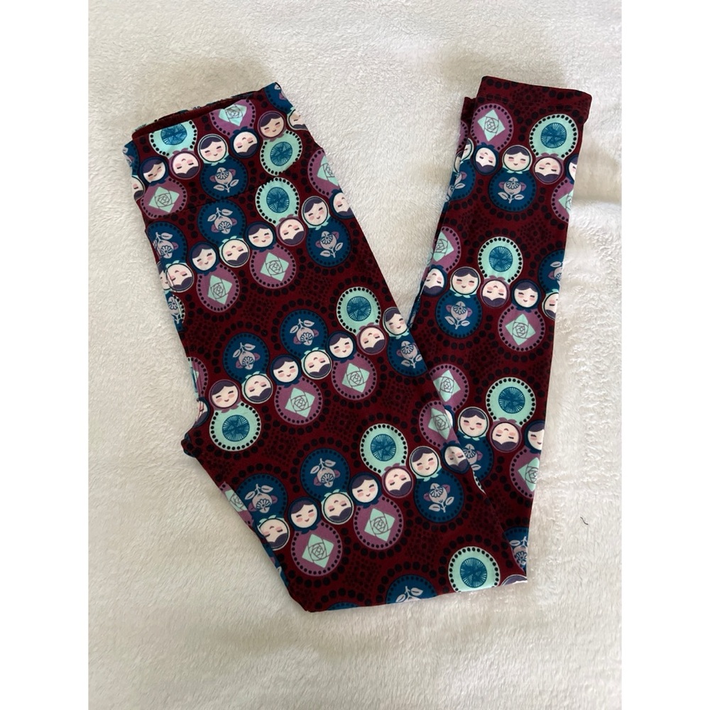 EUC LuLaRoe Leggings with Doll Pattern - Burgundy and Teal